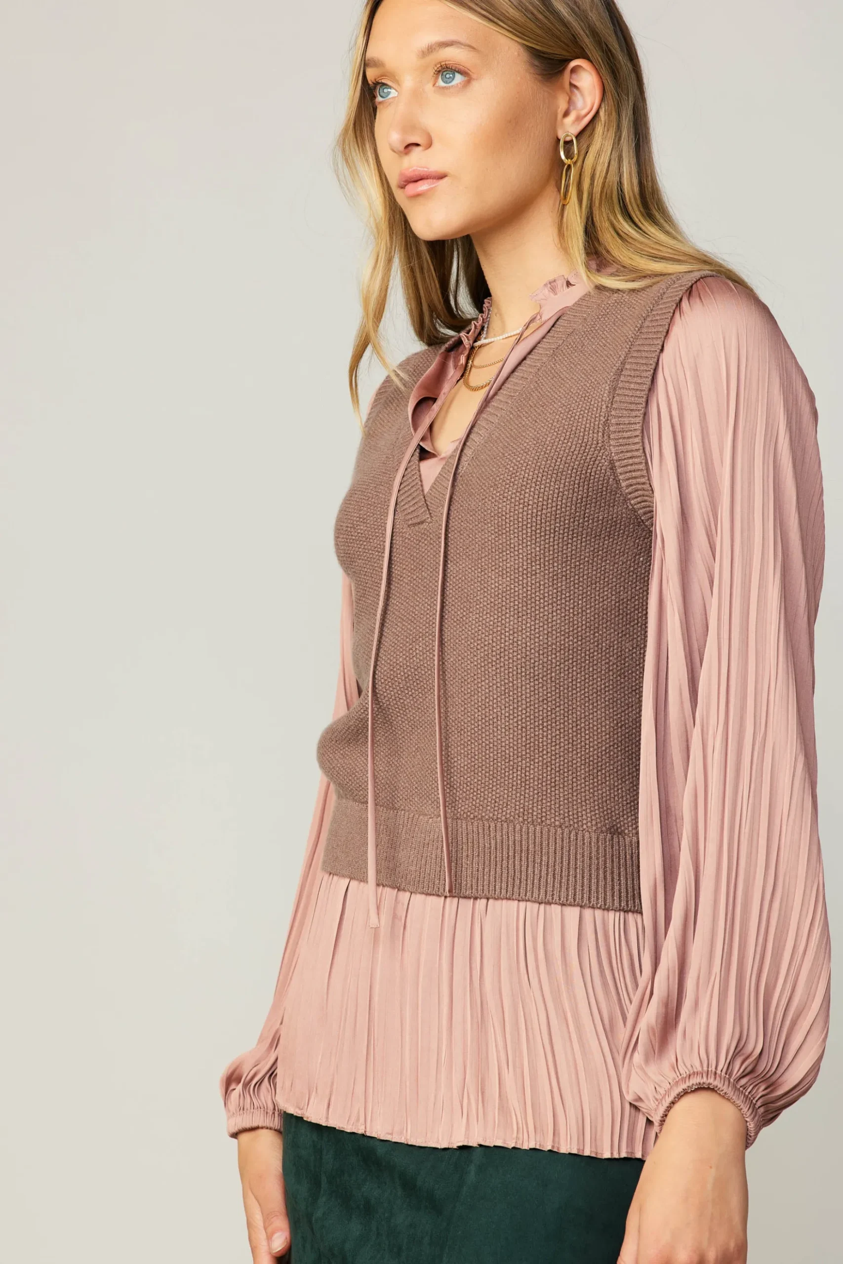 Current Air Pleated Blouse Sweater Vest DUSTYROSE Clearance