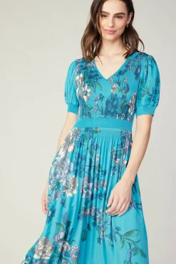 Current Air Pleated Botanical Midi Dress TURQUOISE Hot