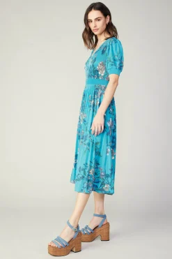 Current Air Pleated Botanical Midi Dress TURQUOISE Hot
