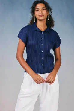 Current Air Pleated Button Down Top NAVY Online