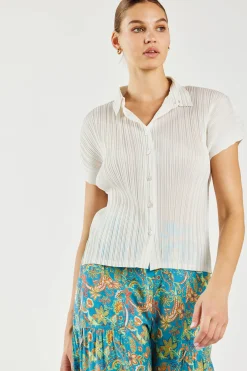 Current Air Pleated Button Down Top UNBLEACHED Best