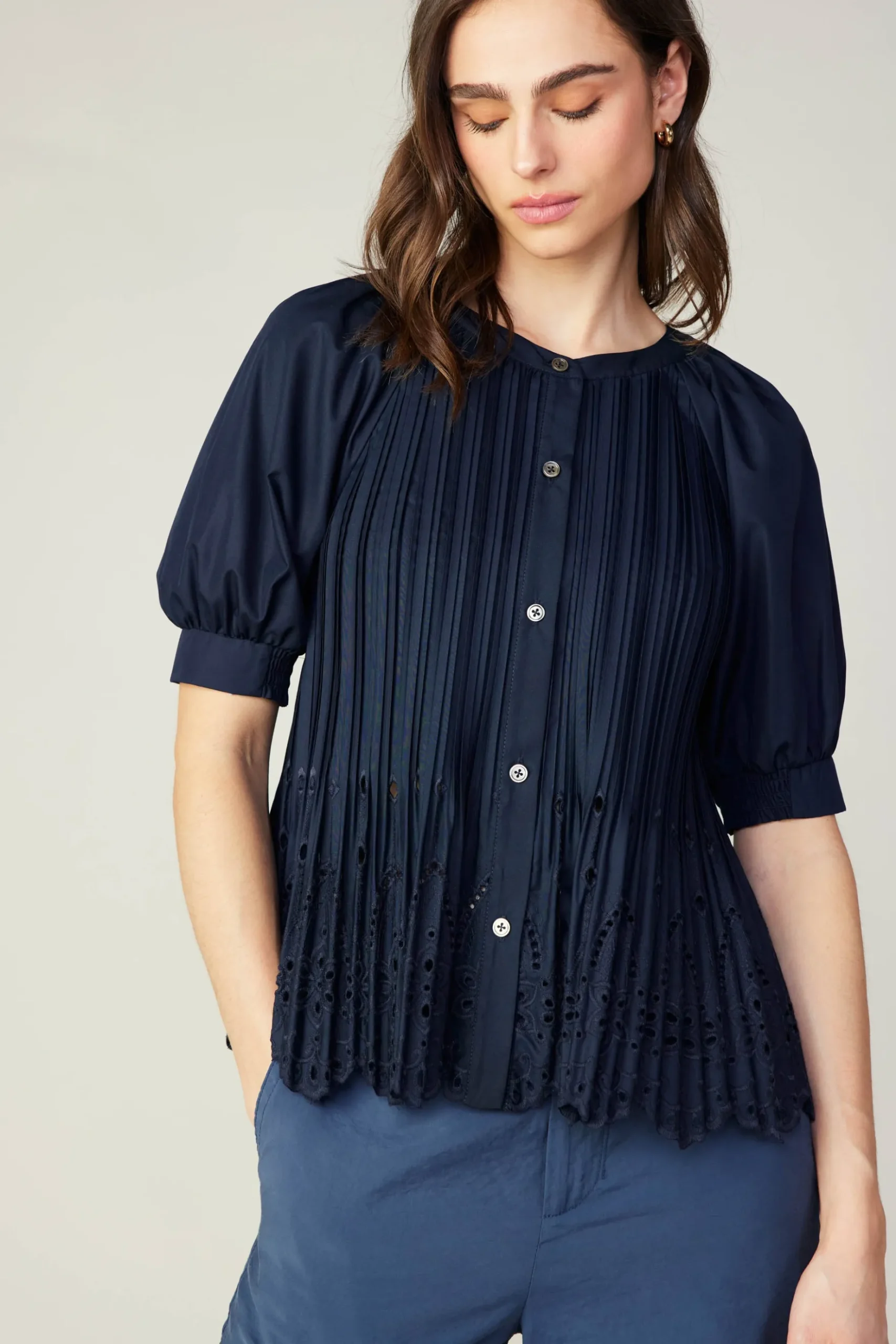 Current Air Pleated Eyelet Blouse DARKNAVY Fashion