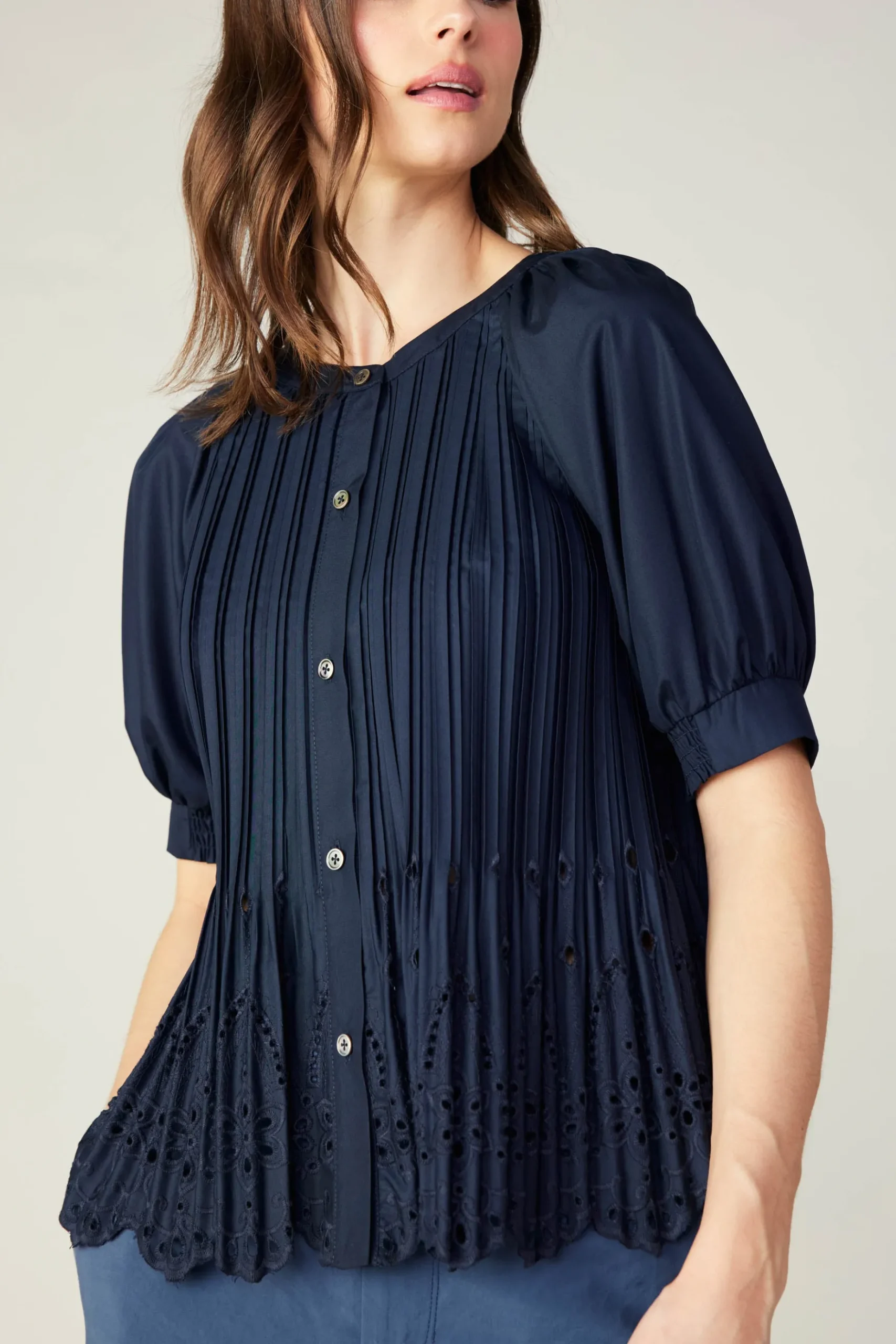 Current Air Pleated Eyelet Blouse DARKNAVY Fashion