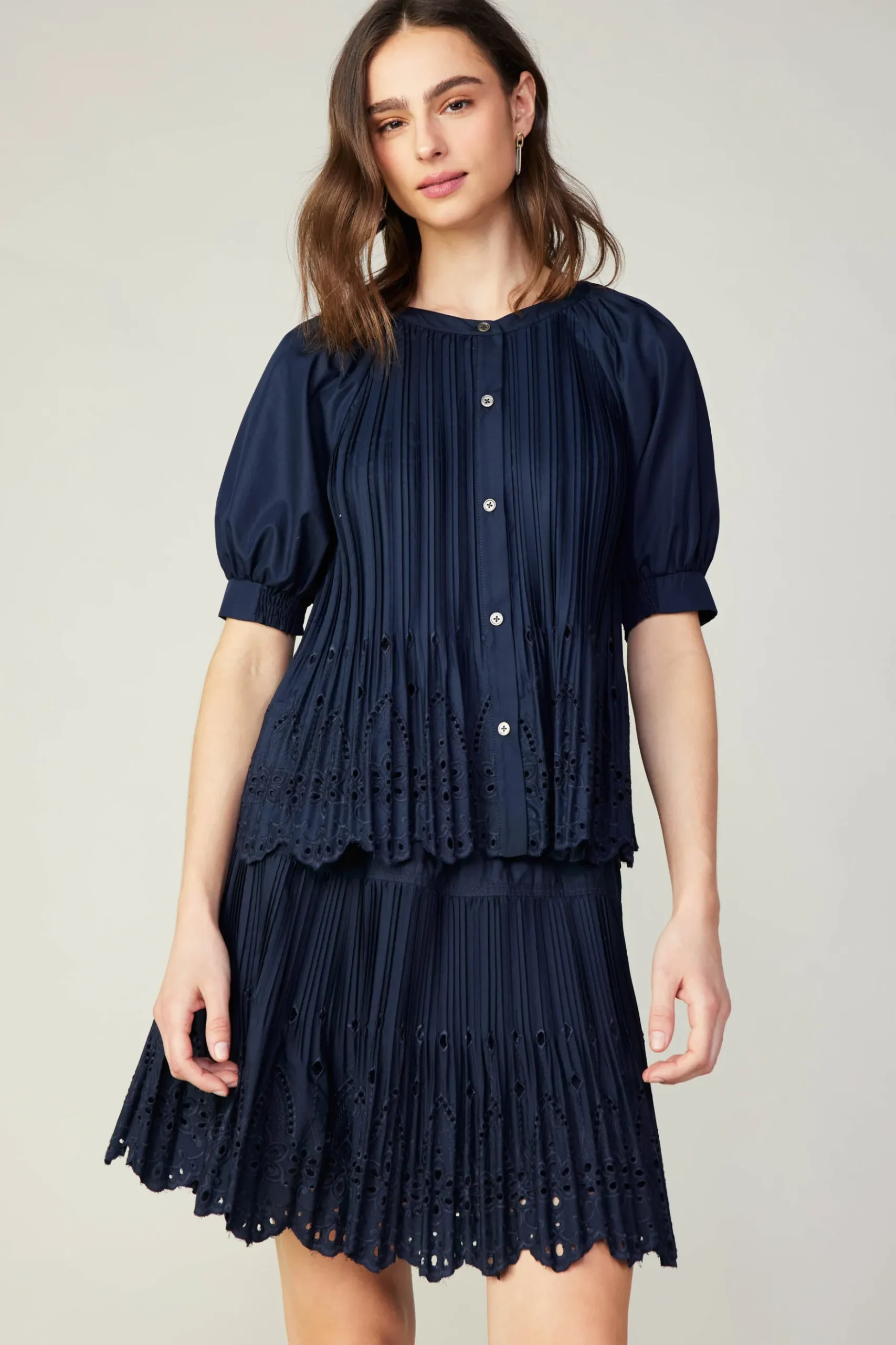Current Air Pleated Eyelet Blouse DARKNAVY Fashion