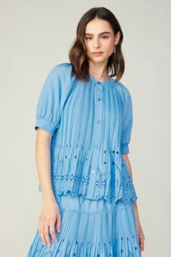 Current Air Pleated Eyelet Blouse BABYBLUE New