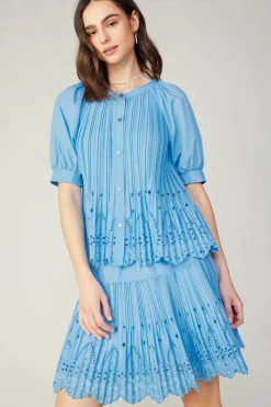Current Air Pleated Eyelet Blouse BABYBLUE New