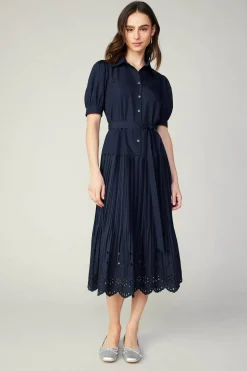 Current Air Pleated Eyelet Midi Dress DARKNAVY Discount