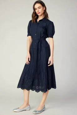 Current Air Pleated Eyelet Midi Dress DARKNAVY Discount