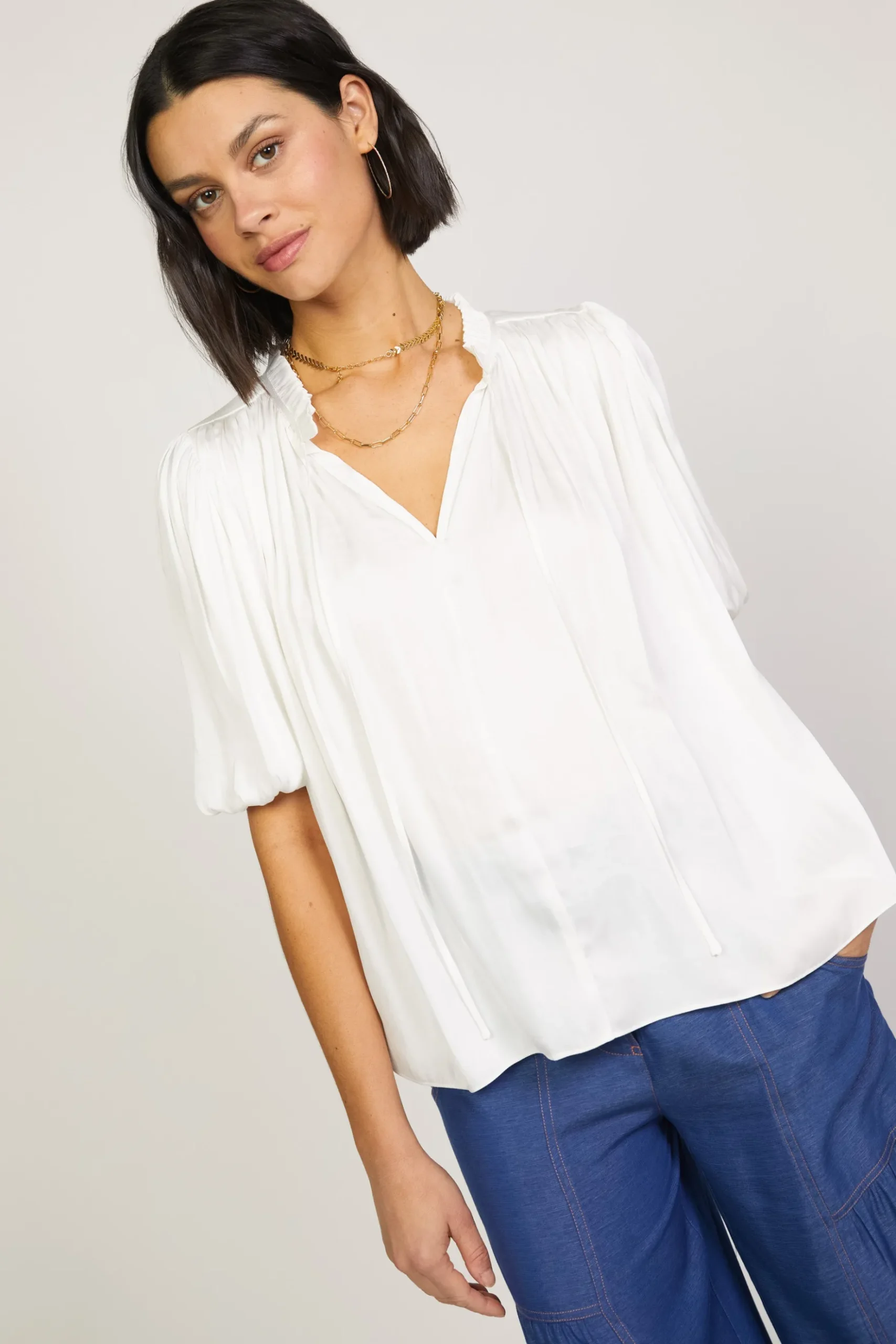 Current Air Pleated Puff Sleeve Blouse WHITE New
