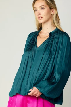 Current Air Pleated Puffed Sleeve Blouse DARKTEAL Online