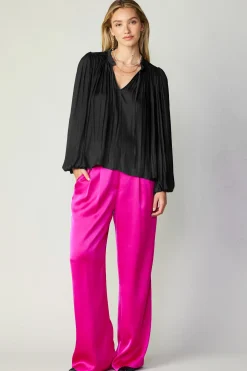 Current Air Pleated Puffed Sleeve Blouse BLACK New