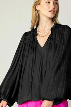 Current Air Pleated Puffed Sleeve Blouse BLACK New