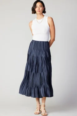 Current Air Pleated Tiered Midi Skirt NAVY Best
