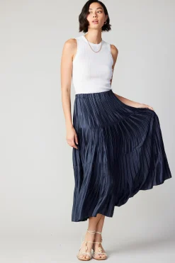 Current Air Pleated Tiered Midi Skirt NAVY Best