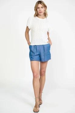 Current Air Pointelle Knit Sweater Top WHITE Fashion
