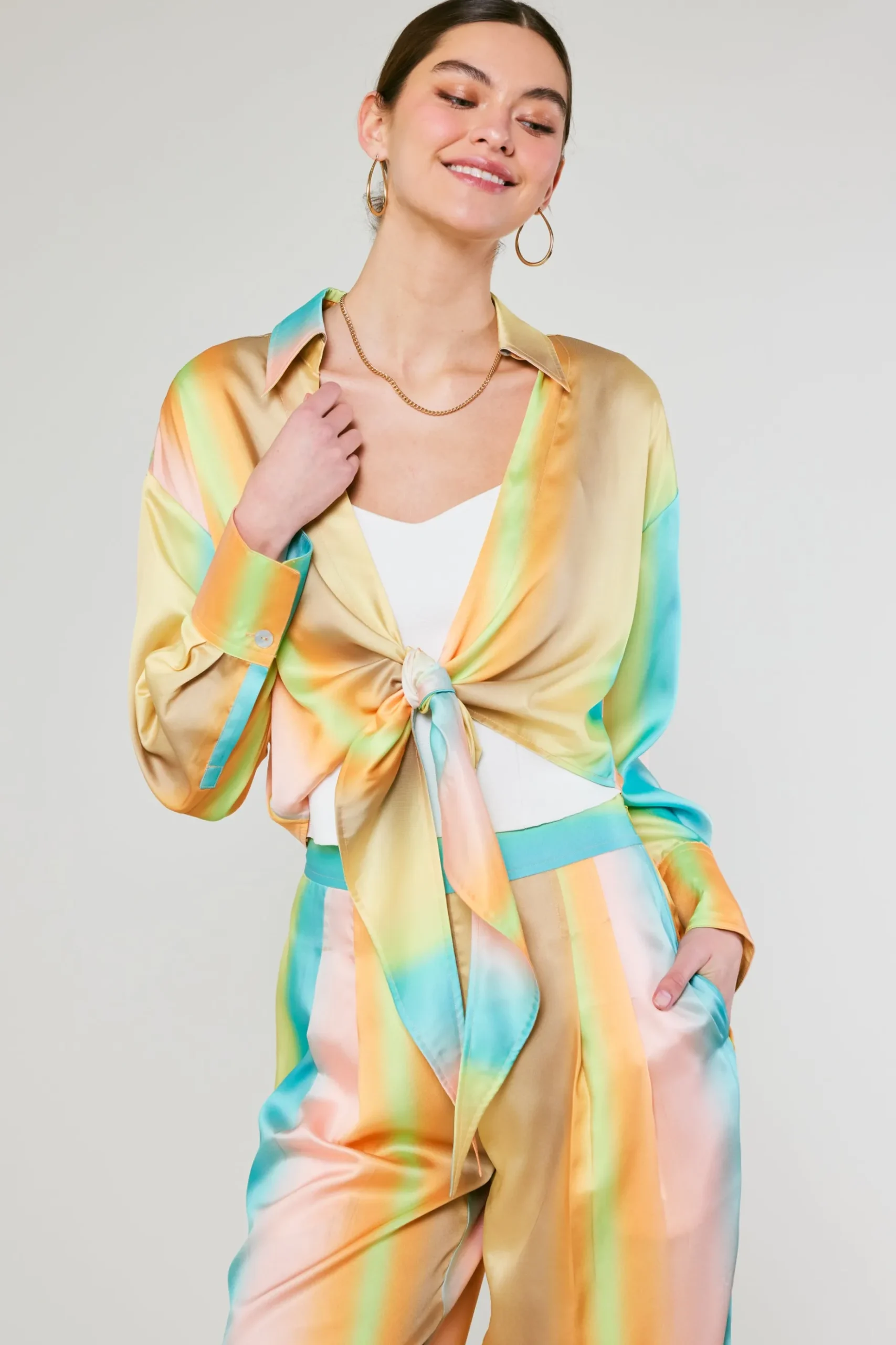 Current Air Prismatic Gradient Front Tie Shirt DESERTRAINBOW Hot