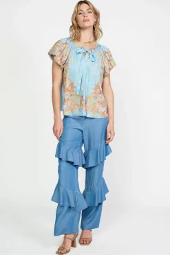 Current Air Retro Floral Bubble Sleeve Top SKY New