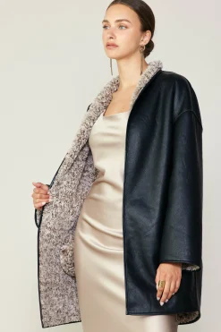 Current Air Reversible Faux Fur & Leather Coat BLACK Hot