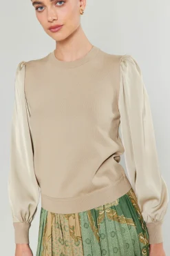 Current Air Ribbed Contrast Sleeve Sweater BEIGE Best