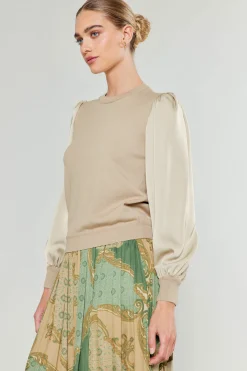 Current Air Ribbed Contrast Sleeve Sweater BEIGE Best