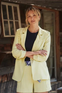 Current Air Ruched Sleeve Blazer LEMON Fashion