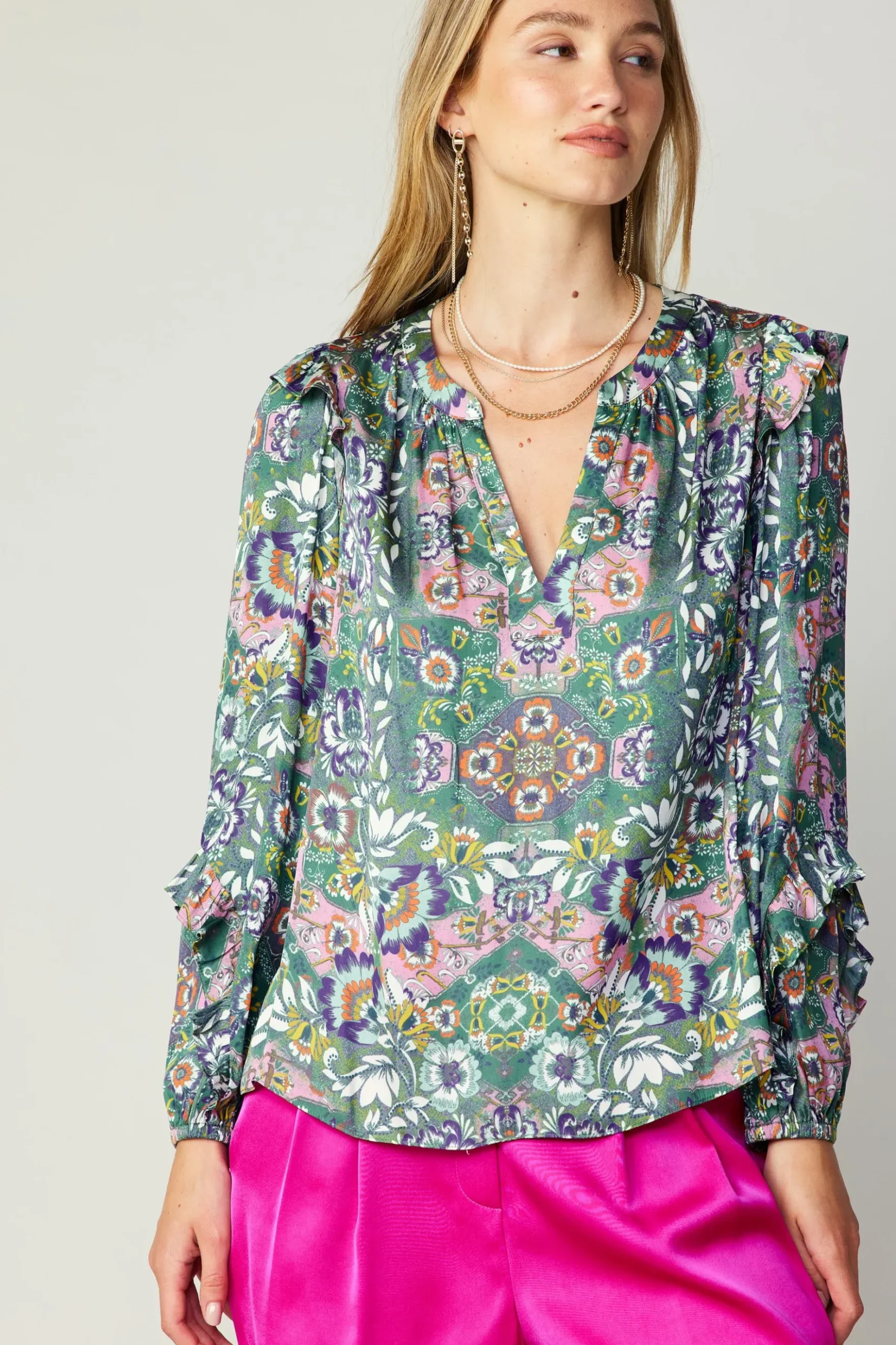 Current Air Ruffle Trim Blouse GREENFLORALMLT Clearance