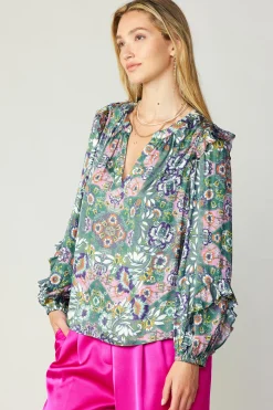 Current Air Ruffle Trim Blouse GREENFLORALMLT Clearance