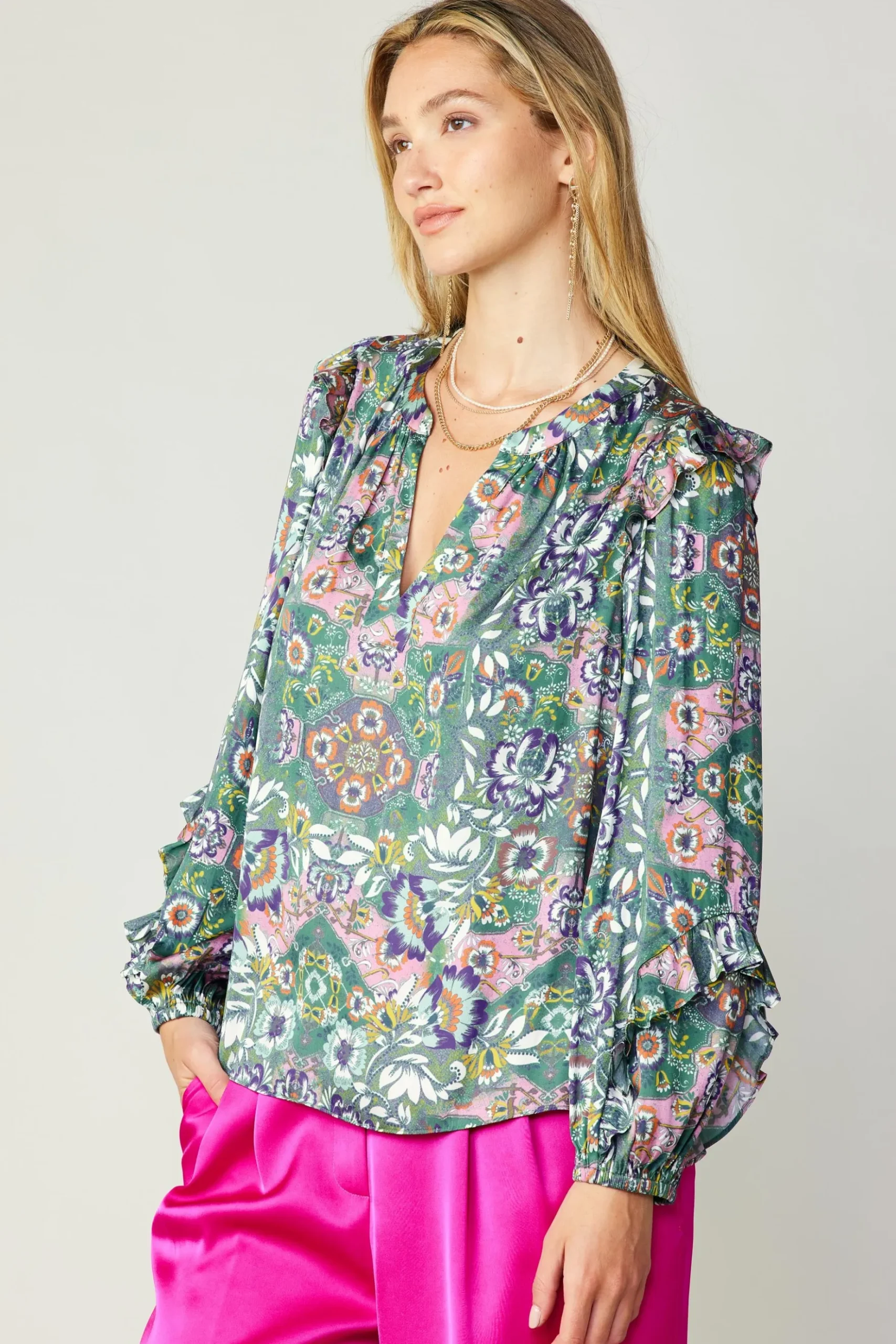 Current Air Ruffle Trim Blouse GREENFLORALMLT Clearance
