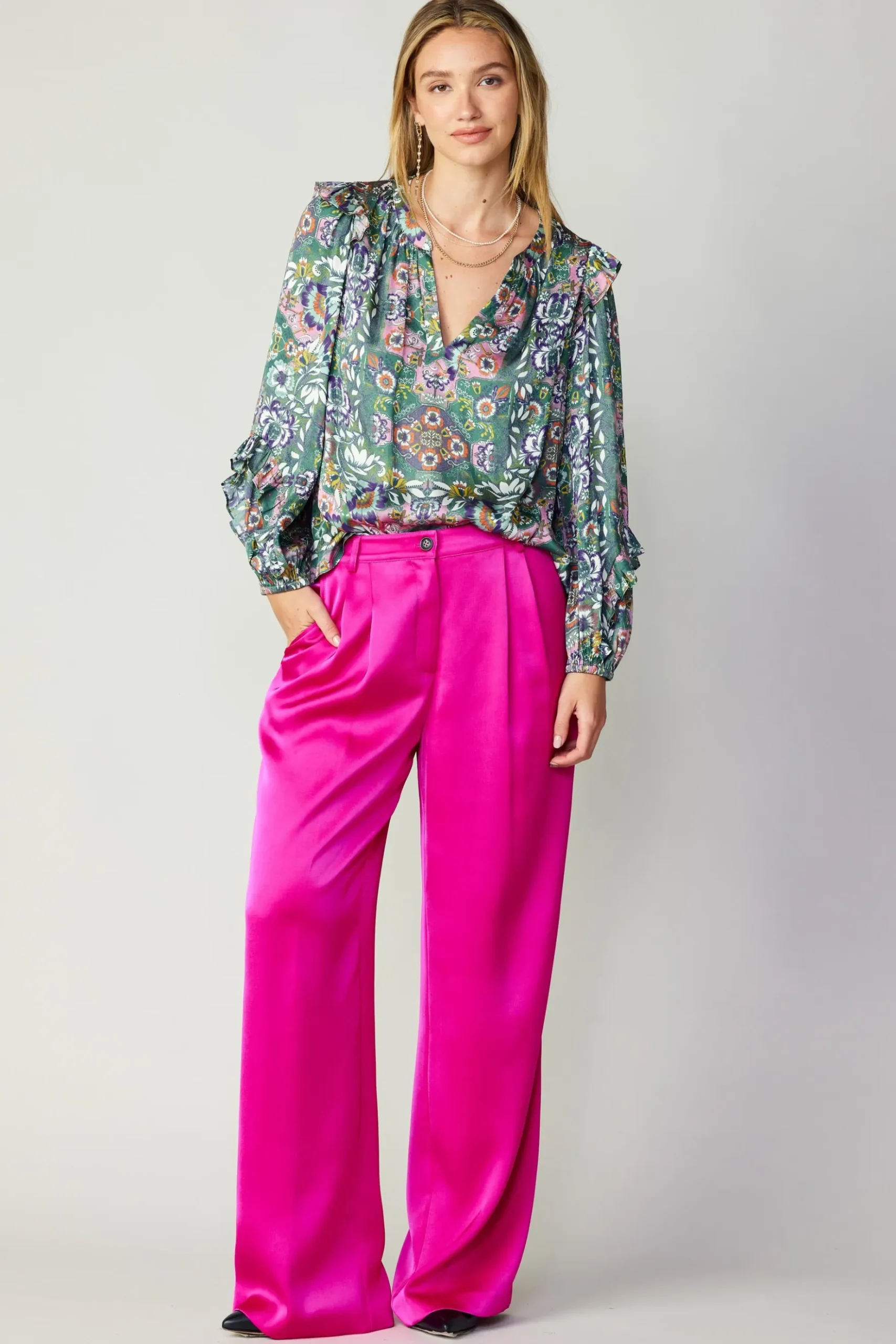 Current Air Ruffle Trim Blouse GREENFLORALMLT Clearance
