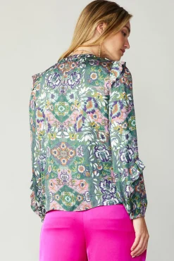Current Air Ruffle Trim Blouse GREENFLORALMLT Clearance