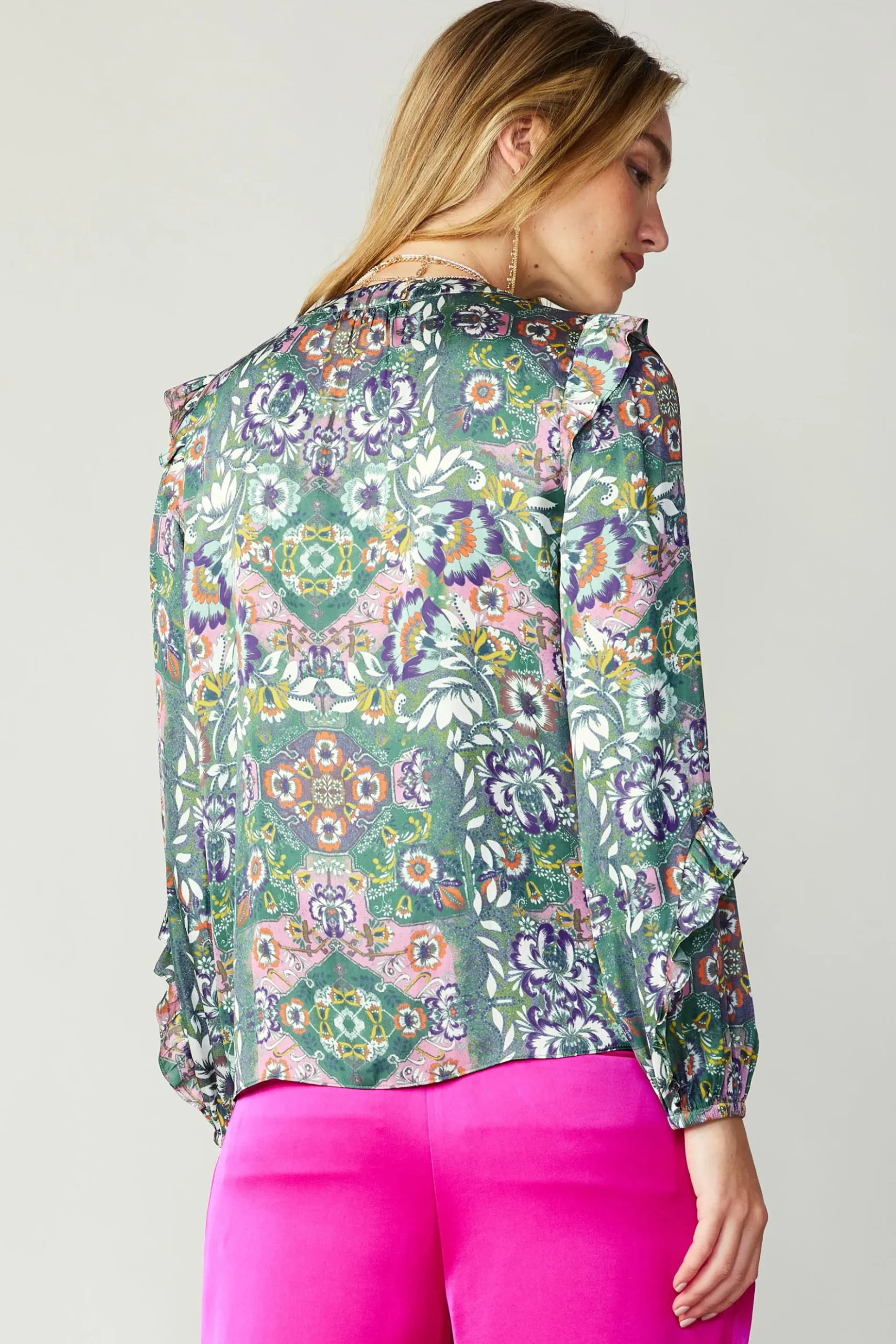 Current Air Ruffle Trim Blouse GREENFLORALMLT Clearance