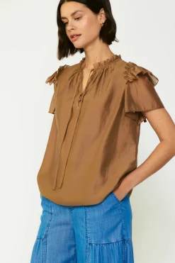 Current Air Ruffled Shoulder Blouse BROWN Discount