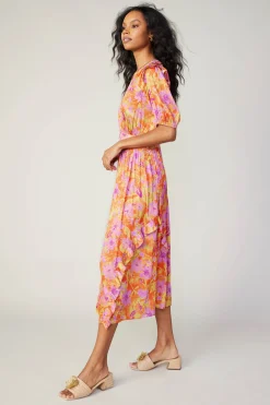 Current Air Ruffled Shoulder Floral Midi Dress ORANGEPINK Online