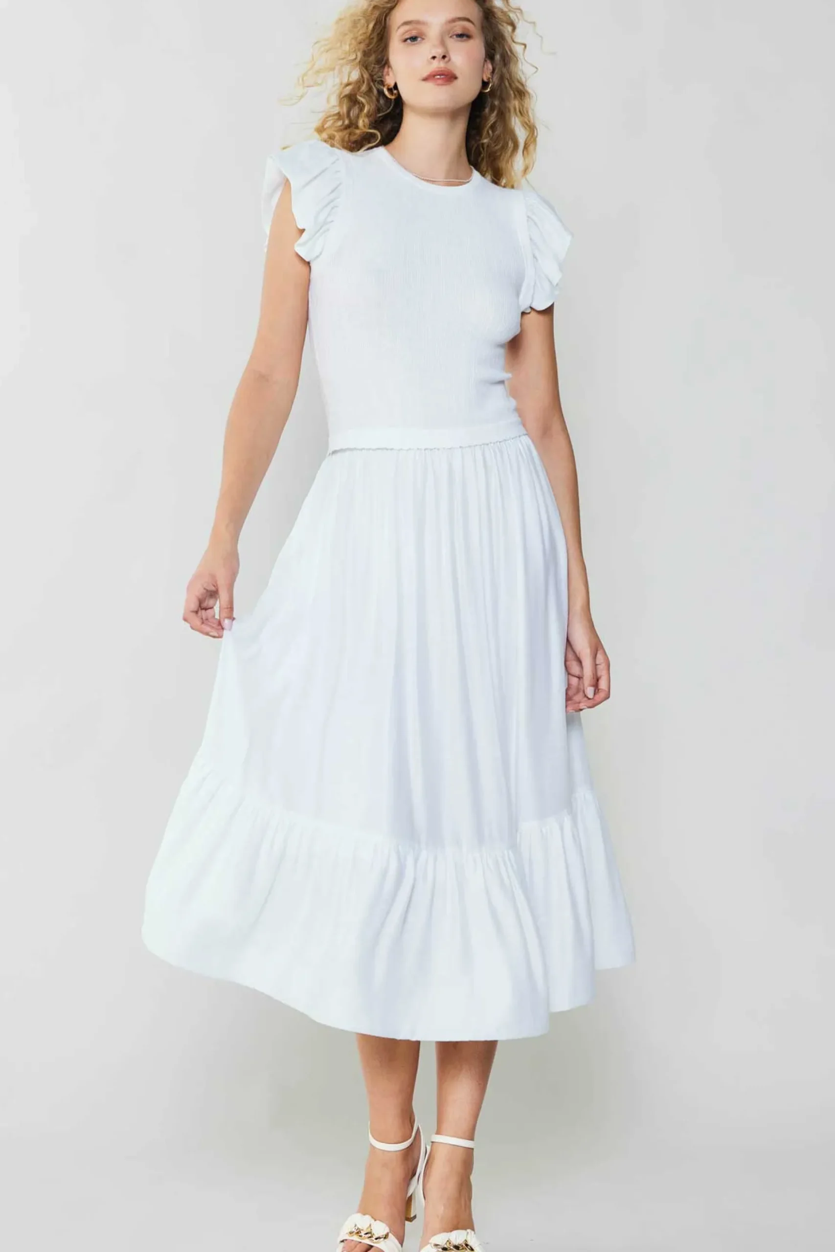 Current Air Ruffled Sleeve Sweater Dress WHITE Outlet