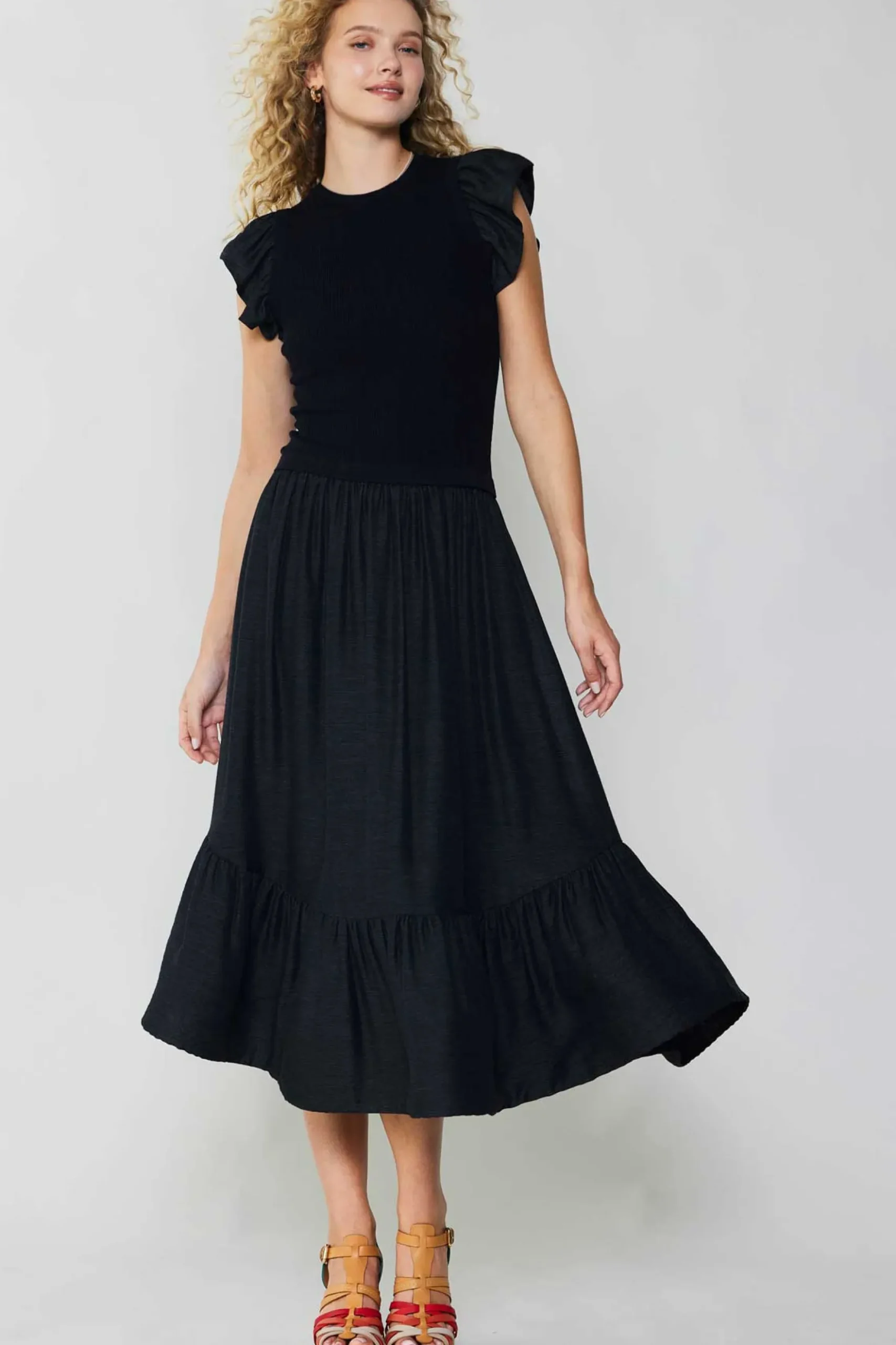 Current Air Ruffled Sleeve Sweater Dress BLACK Fashion