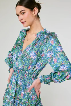 Current Air Ruffled Surplice Floral Mini Dress GREEN Outlet