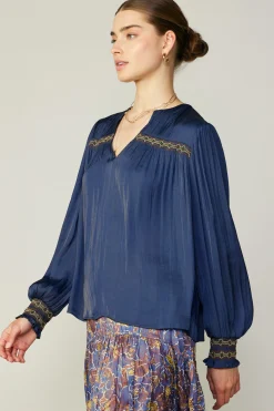 Current Air Santa Fe Embroidered Blouse NAVY Outlet