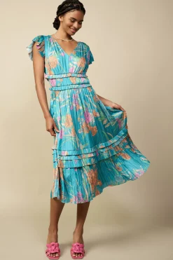 Current Air Sereia Botanical Motif Midi Dress TEAL Outlet