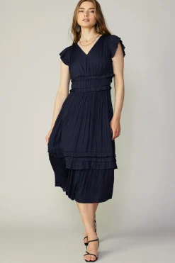 Current Air Sereia Pleated Midi Dress DARKNAVY Best
