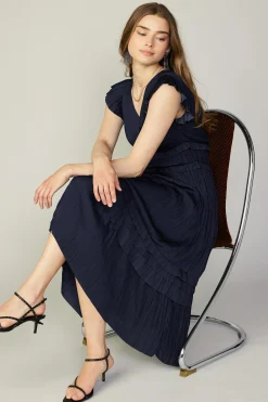 Current Air Sereia Pleated Midi Dress DARKNAVY Best