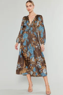 Current Air Sidonie Pleated Midi Dress BROWNFLORAL Discount