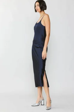 Current Air Silk Bias Midi Dress NAVY Clearance
