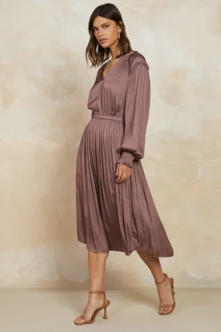 Current Air Smocked Cuff Midi Dress MAUVEBROWN Fashion