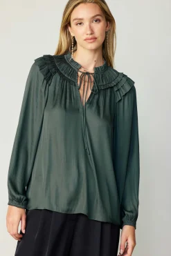 Current Air Smocked Shoulder Blouse FORESTGREEN Clearance