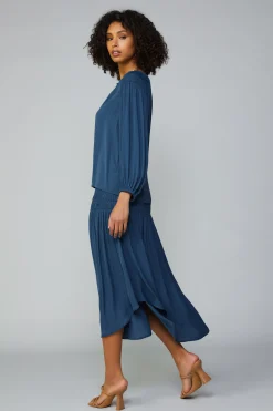 Current Air Smocked Shoulder Button Blouse FRENCHNAVY Clearance