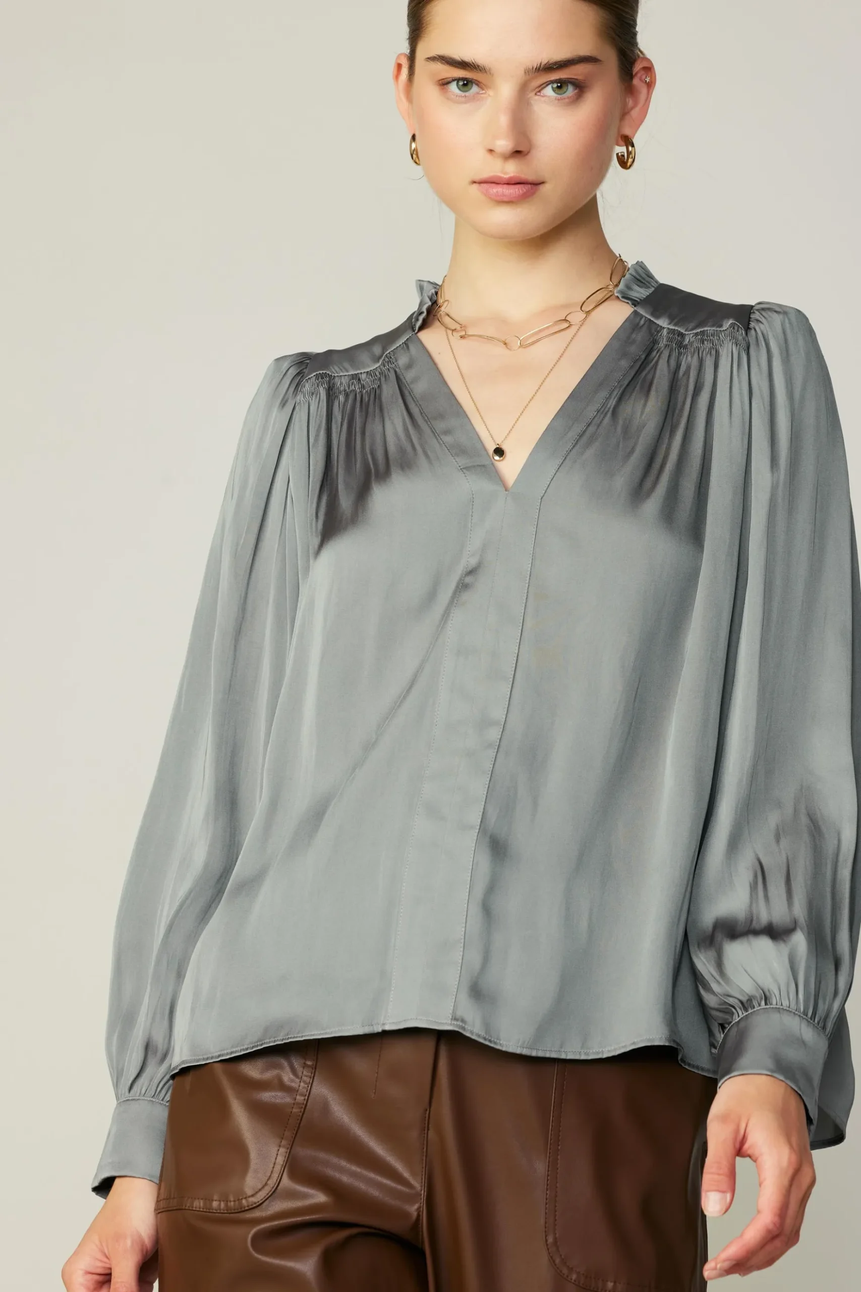 Current Air Smocked Shoulder Cuffed Blouse MOSSGREY Online