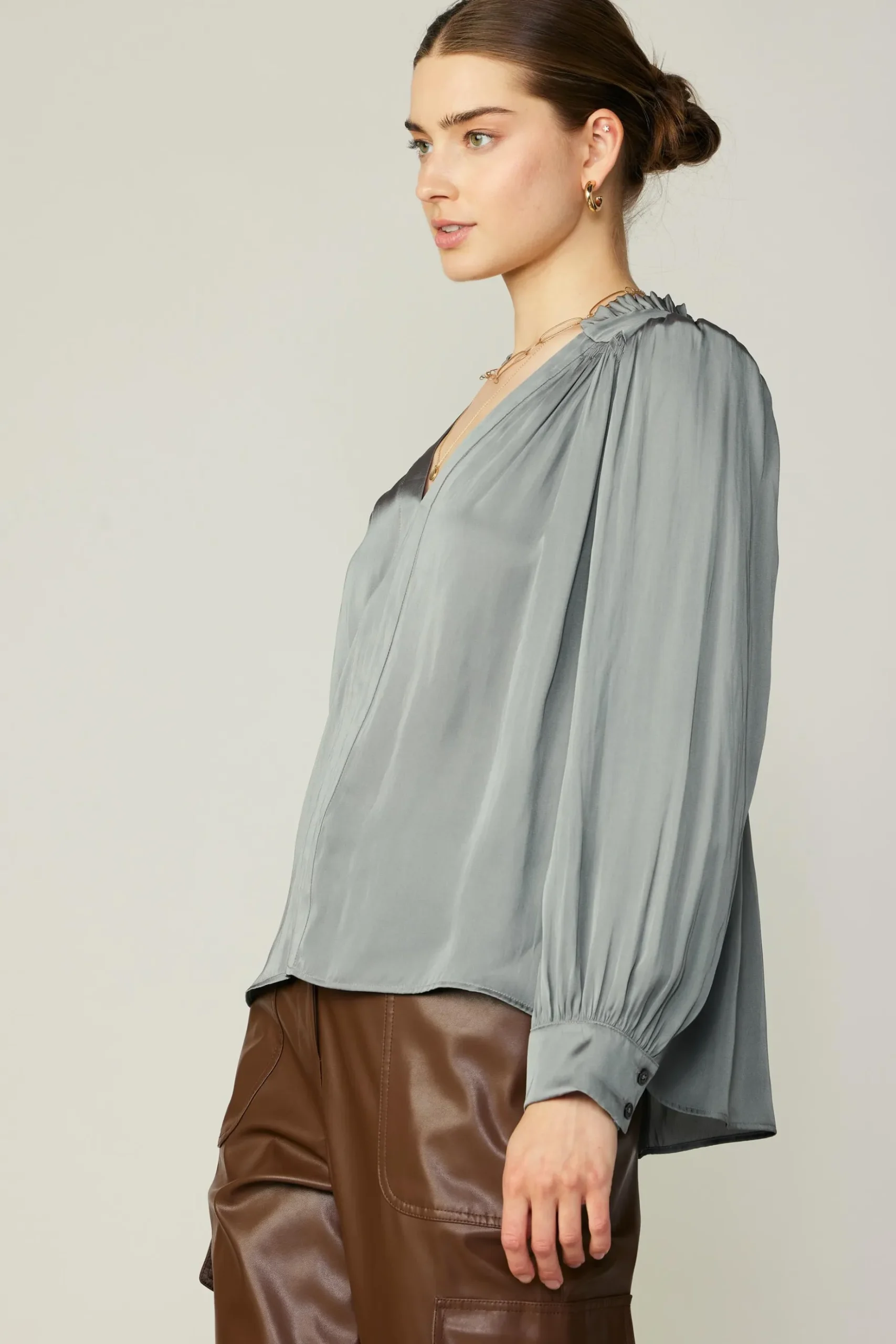 Current Air Smocked Shoulder Cuffed Blouse MOSSGREY Online