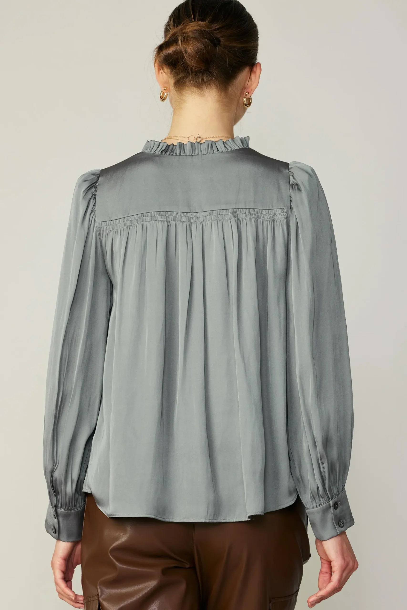 Current Air Smocked Shoulder Cuffed Blouse MOSSGREY Online