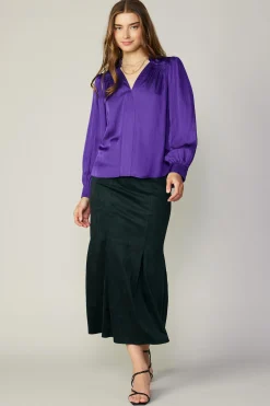 Current Air Smocked Shoulder Cuffed Blouse SPACEPURPLE Outlet