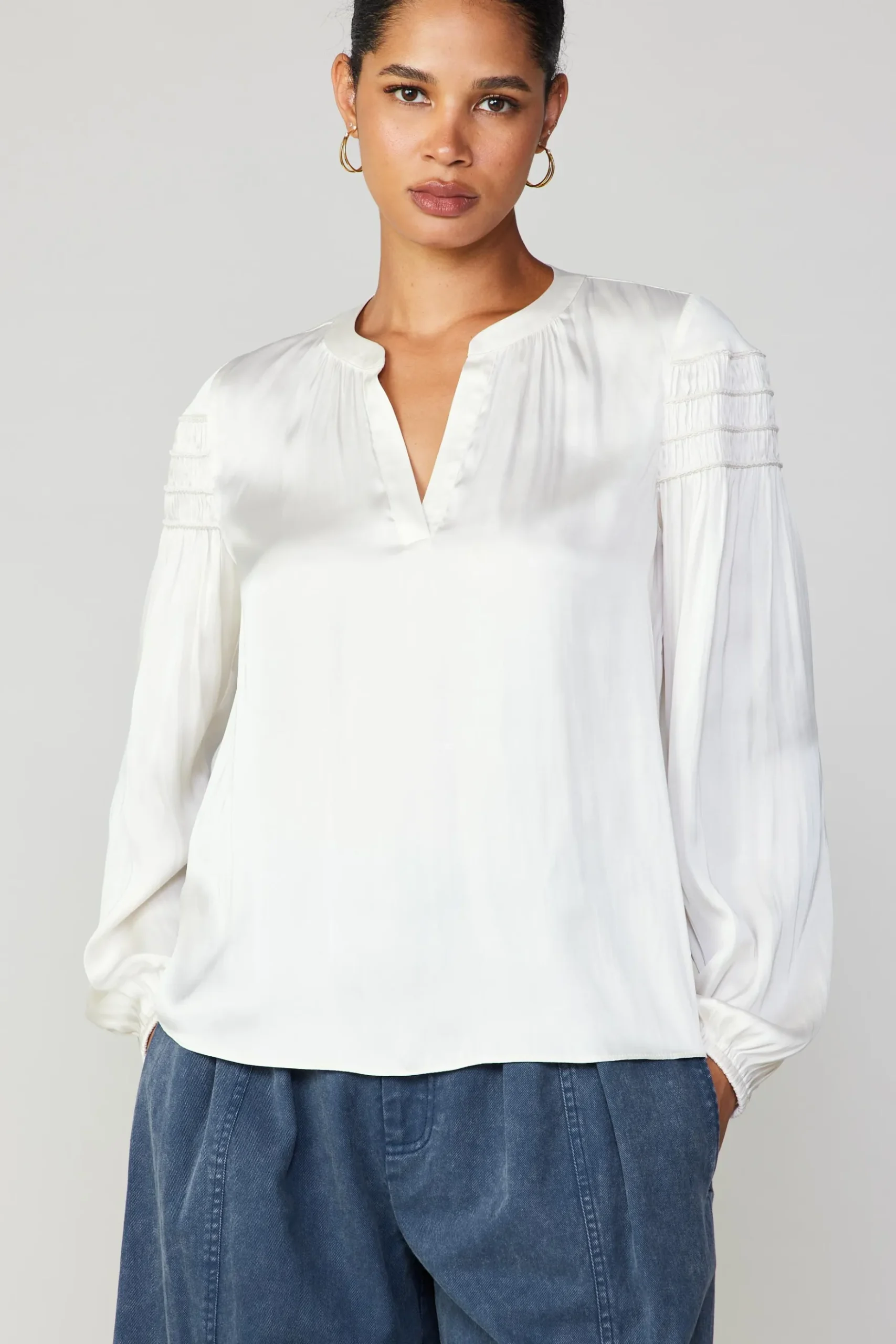 Current Air Smocked Sleeve Blouse ECRU Hot